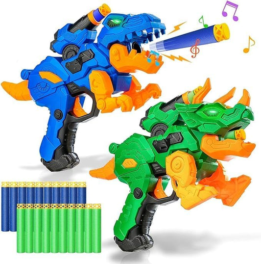 2-Pack Dinosaur Toy Guns Compatible with Nerf, Christmas Kids Gifts & Stocking Stuffers for Toddler Boys Ages 3 4 5 6 7 8, Dino Toy Guns with Light & Sound, 20 Foam Darts