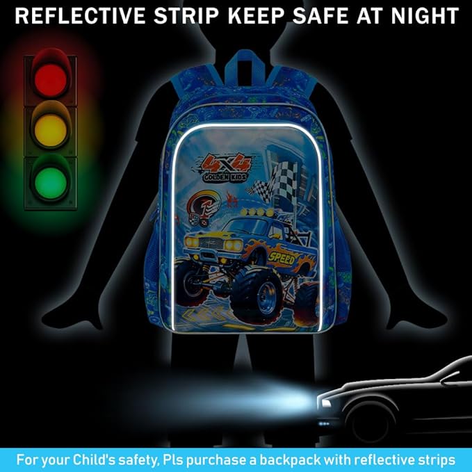 16" Monster Truck Backpack for Boy, 3Pcs Bookbag for Elementary Preschool Kindergarten, Kids School Backpacks with Lunch Box (Blue)