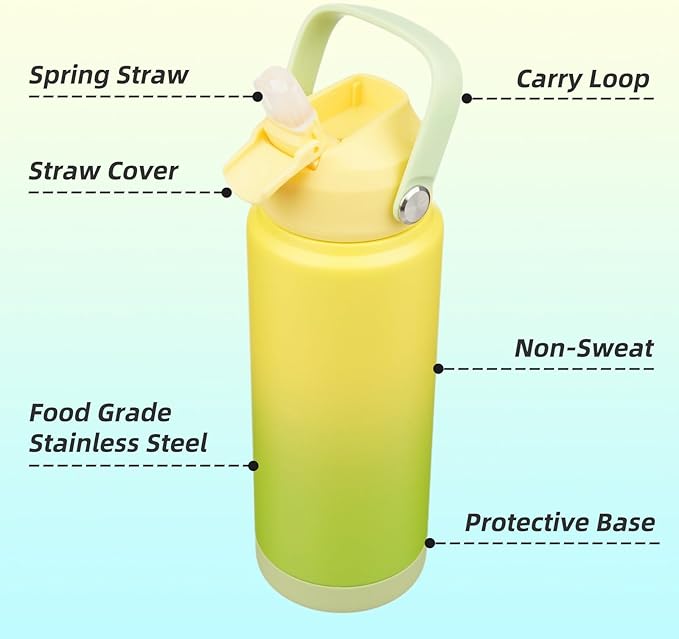 Insulated Water Bottle with Straw Lid,24 oz Stainless Steel Vacuum Metal Bottle with Silicone Handle,Lime