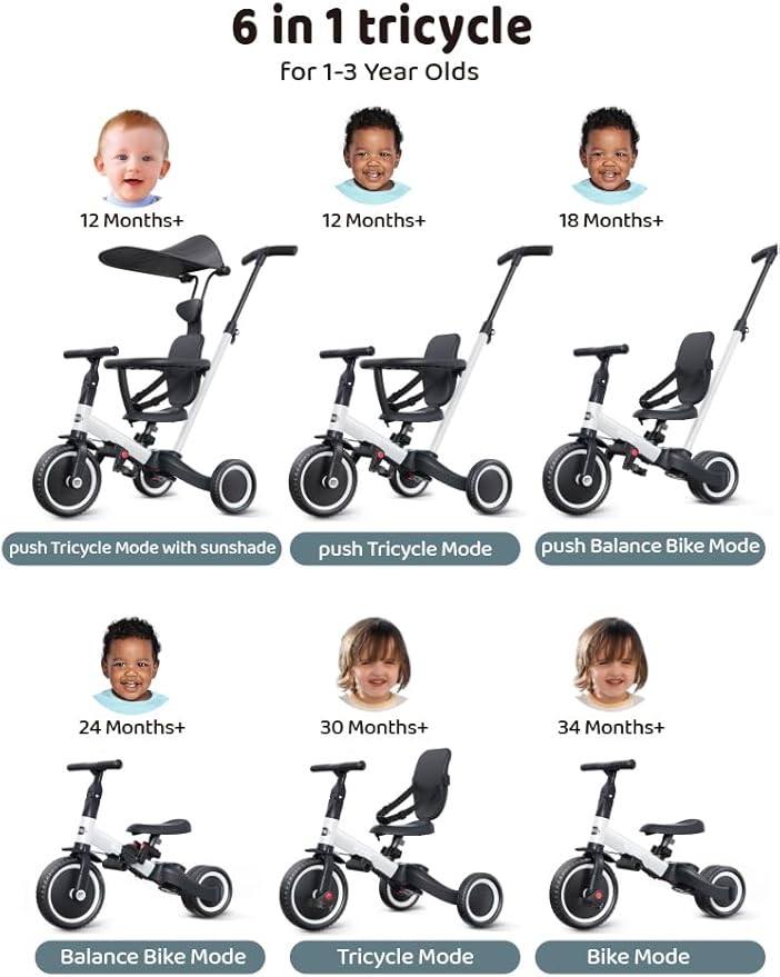 newyoo Tricycle for Toddlers 1-3, Toddler Bike, Toddler Tricycle with Push Handle and Canopy, Birthday Gift and Toys for Girl and Boy, 6 in 1 Baby Trike, Balance Bike, TR009, White