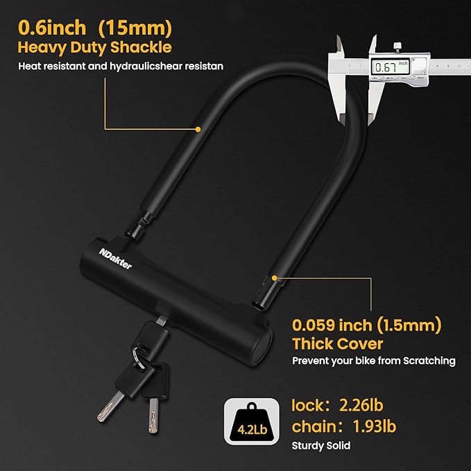 NDakter Bike Locks Heavy Duty Anti Theft, Bike U Lock with 4FT Chain and Bracket,15mm Shackle Electric Bicycle Lock for Scooter, 3 Keys Motorcycle Wheel Lock for Ebike, Moped, Tricycle