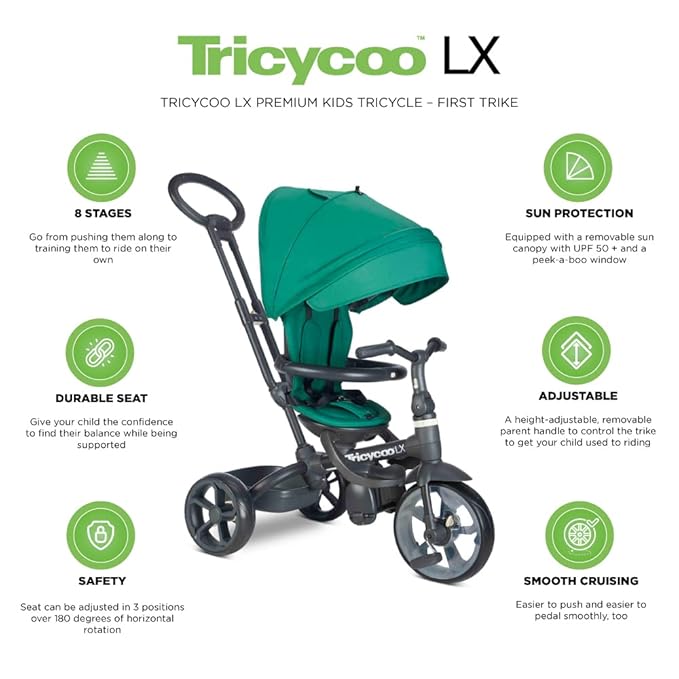 Joovy Tricycoo LX Premium Kids Tricycle with 8 Stages Featuring Chunky Front Tire, Removable and Adjustable Parent Handle, Safety Harness, Machine-Washable Seat Pad, and Retractable Canopy, Pine