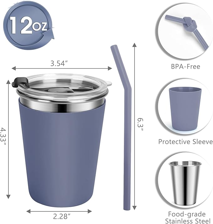 Kids Cups with Straws and Lids Leak Proof, 12oz Sippy Cups for Toddlers 1-3, 2 Pack Spill Proof Cup Stainless Steel Kids Cups with Lids for School, Outdoor (Dark Gray & Gray)