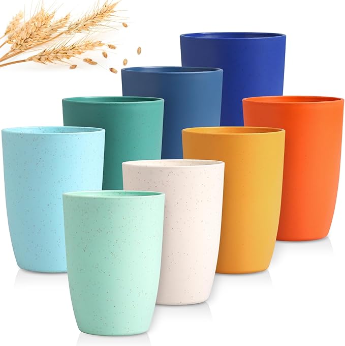 Wheat Straw Cups Set of 8 - Unbreakable 12 OZ Reusable Drinking Glasses BPA Free Cup Dishwasher Safe Tumblers