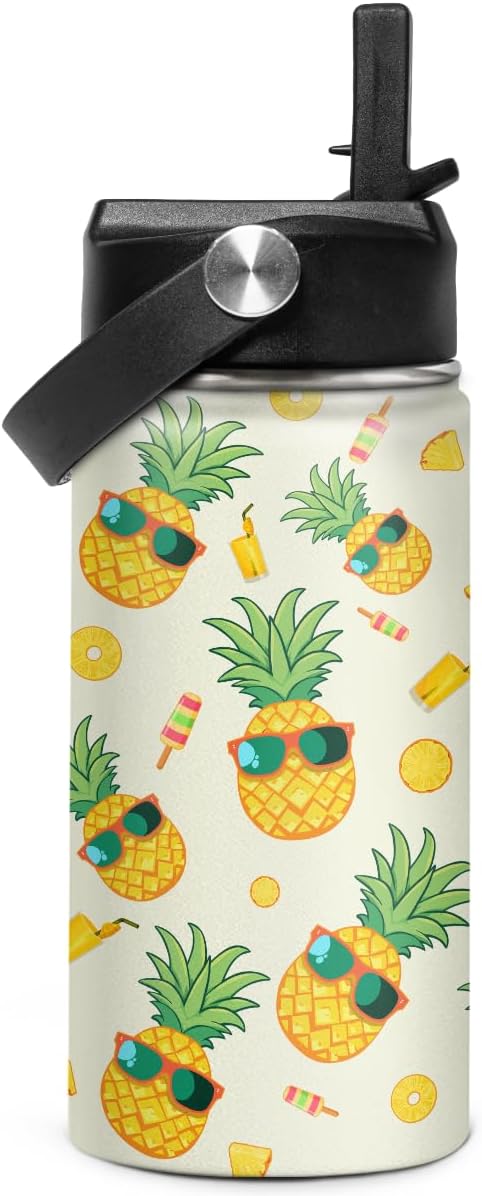 Kids Water Bottle Pineapple Water Bottles 12oz with Straw Insulated Stainless Steel Travel School Tumbler Double Wall Vacuum Cup for Girls Kid Boys