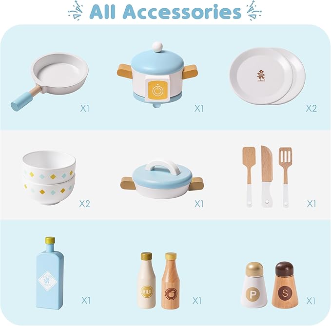 ROBUD Wooden Play Kitchen Set for Kids Toddlers, Toy Kitchen Gift for Boys Girls, Age 3+