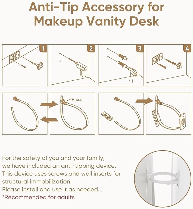 Vyre Metal Vanity Desk with Hooks, White Makeup Table with Mirror and Light, Adjustable Brightness, 2 Large Drawers, 6 Open Shelves, Vanity Set with Chair for Bedroom, Girls