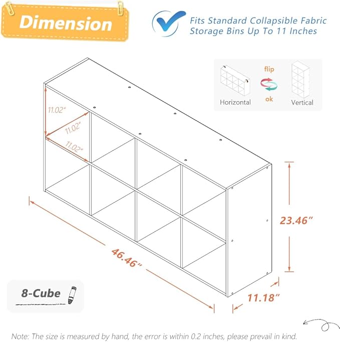8 Cube Organizer Bookcase - Fabric Storage Bins Container, Open Shelf Simple Compartments Bookshelf, White