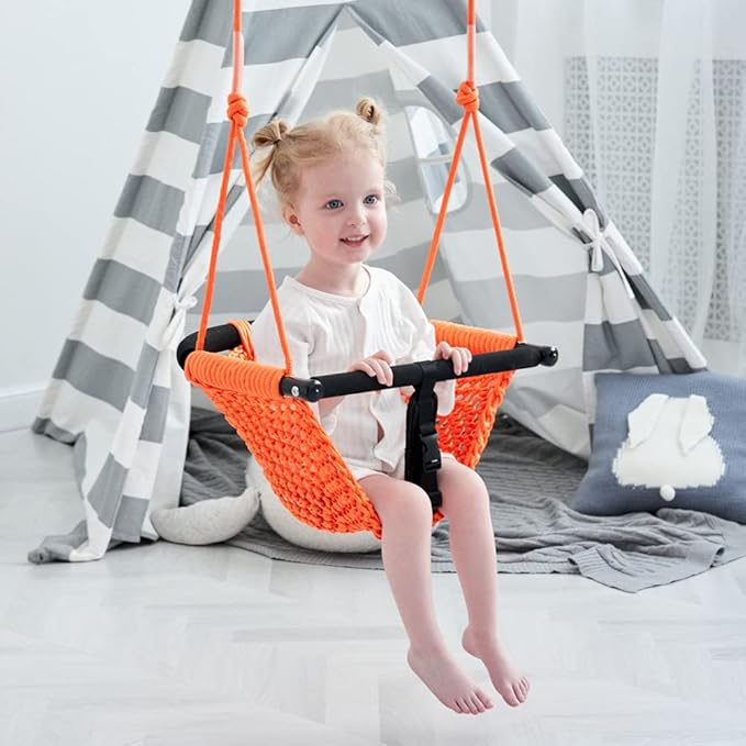 2 -in- 1 Toddler Swing. Swing Seat for Kids with Adjustable Ropes, for Kids Heavy Duty Rope Play Secure Children Swings Set, for Outdoor Indoor, Backyard. Upgrade Product (Orange)