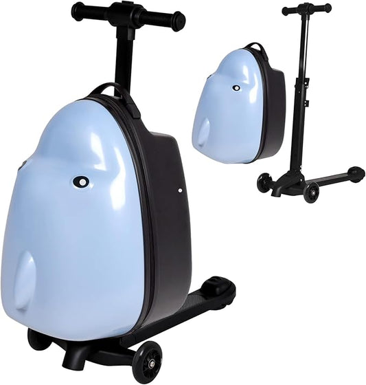 smilesun 4-in-1 Detachable Scooter Suitcase for Kids & Teens, 3D Owl/Dolphin Hardside Ride-On Luggage, Lightweight Foldable Design, Unique Travel Gift for Children (Dolphin, 22-inch)