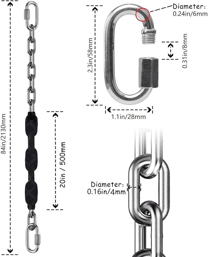 2 Stainless Steel Chains (84") Swing Chains, Heavy Duty Swing Hardware,4 Quick Connection Buckles, Indoor and Outdoor Playground Swings, hammocks, sandbags, 1000 lb Capacity Black
