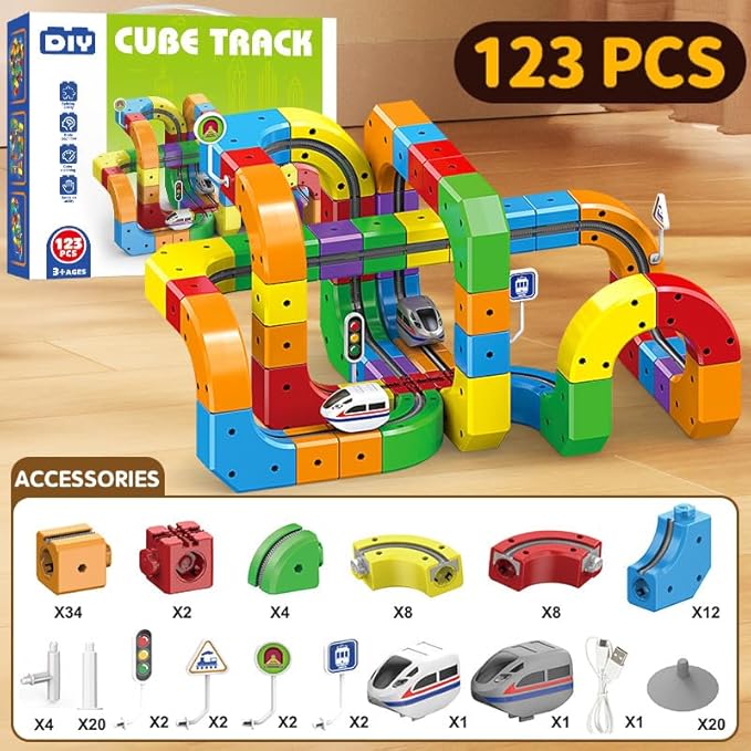 Rail Electric Train Set for Kids, Flexible 3D Race Track Toy with Motorized Car, Gravity-Defying Click Rail Track Layout, Educational STEM Building Set for Boys & Girls Ages 3–8 (123pcs)