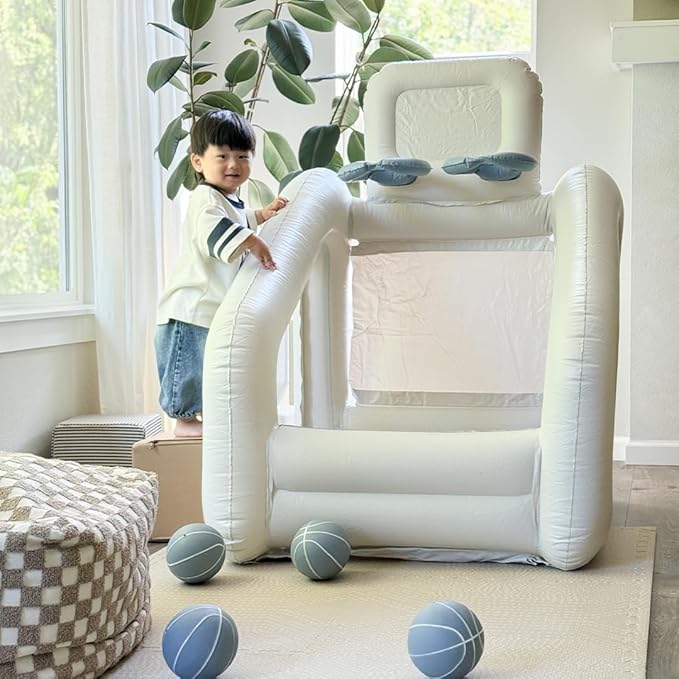PLAYSMOL Mini Dual Shot Basketball Inflatable Game, Portable Indoor Basketball Hoop for Toddlers & Kids, Arcade-Style Toy with 4 Rubber Balls, Neutral Colorway, Ages 18m+