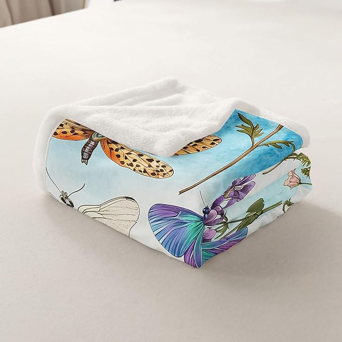 Dragonfly Throw Blanket Butterfly Plush Blanket Girls Women Colorful Floral Botanical Sherpa Blanket Kids Boys Bright Room Decor Beautiful Animal Fuzzy Blanket for Sofa Bed Couch, Baby 30x40 Inch