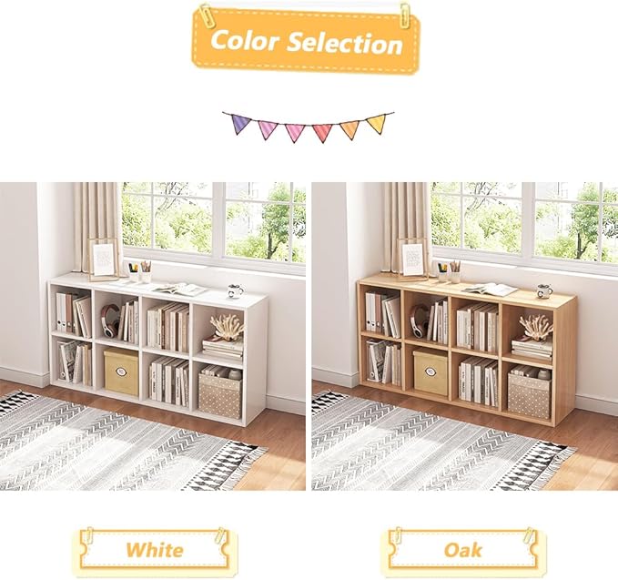 8 Cube Organizer Bookcase - Fabric Storage Bins Container, Open Shelf Simple Compartments Bookshelf, Oak