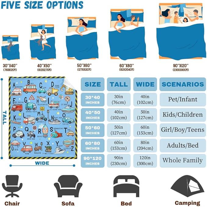 ABC Truck Alphabet Transportation Blanket Throw Super Soft and Cozy Blankets for Home Decoration, Couch, Bed, Sofa 80 in x 60 in Large for Adult for All Seasons