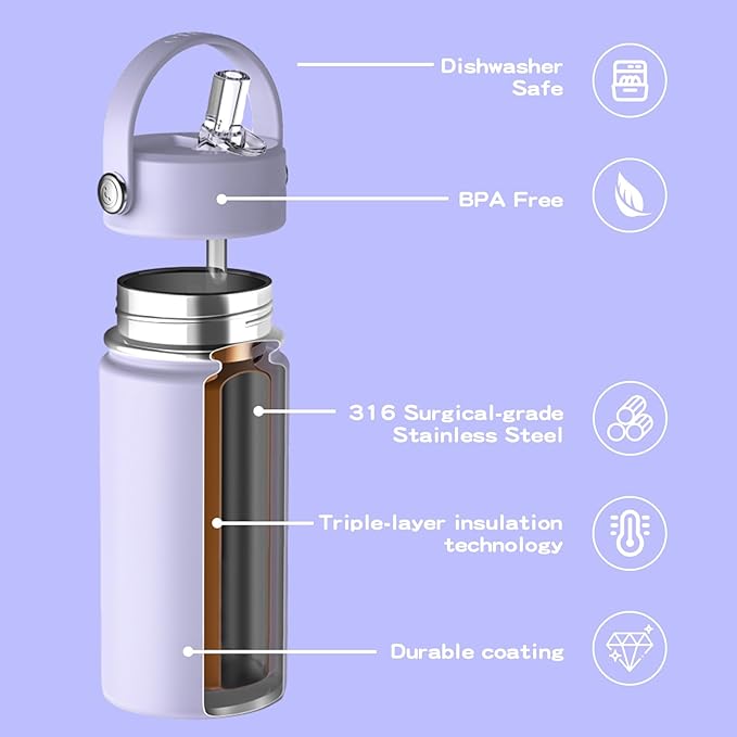 Kids Water Bottle with Straw Lid 10oz, Vacuum Insulated 316 Stainless Steel Water Bottles for Kids for School, Leakproof Water Bottle, BPA Free and Keep Cold for 24 Hours