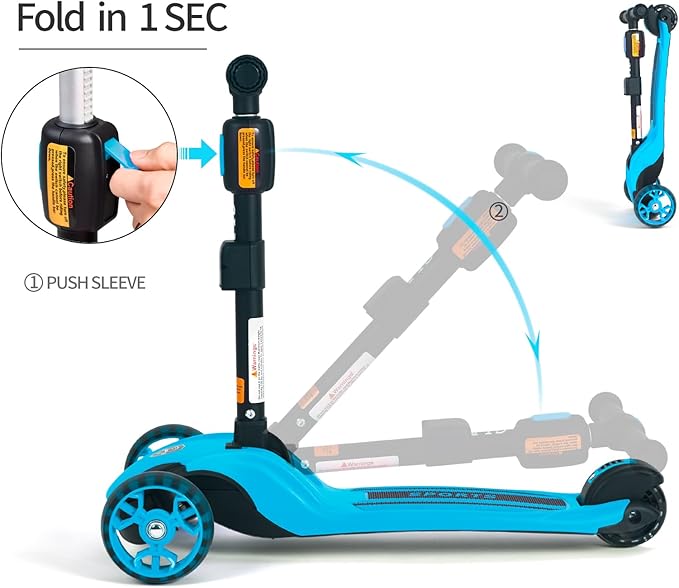 GLAMUP Kids Kick Scooter 3 Wheels, Kids Scooter Height Adjustable Handlebar, Lean-to-Steer System & Easy-Folding Mechanism, Ages 3-14 Boys and Girls