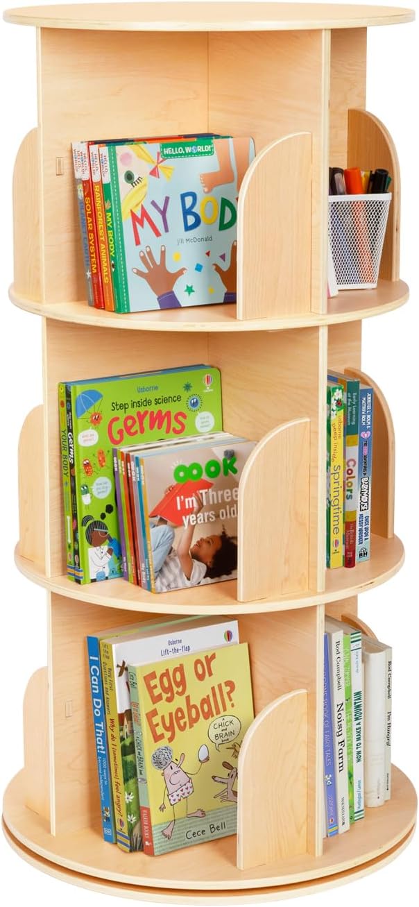OOOK Kids Rotating Bookshelf Tower, 3 Tier Spinning Floor Standing Montessori Bookshelf Storage Rack, Large Chassis 360 Display for Small Space, Kids Room, Nursery