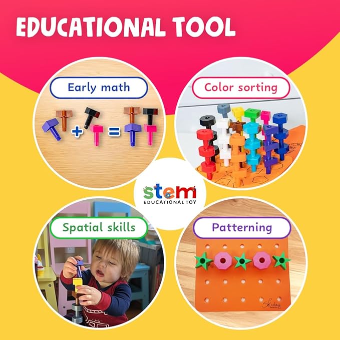 Skoolzy Toddler Peg Board 38 pcs with ebook - Pegboard for Toddlers - Stacking Peg Board - Color Matching & Shape Recognition Toy for Toddlers 3+