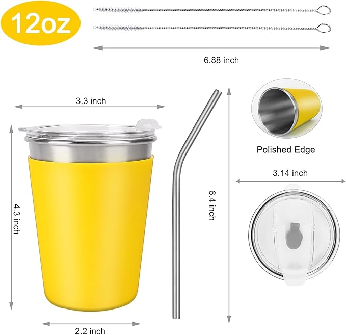 Kids Stainless Steel Cups with Lids, Spill Proof Metal Tumblers With Stainless Steel Straws for Adults, Unbreakable Toddle Cups with Full Wrapped Anti-Scald Sleeves for Hot and Cold Drinks.6Pack.12oz