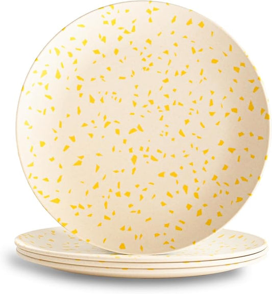 Nook Theory 4 Pack Reusable Bamboo Plates - Non-Toxic Toddler and Kids Plate, Dishwasher Safe, Not Microwavable Dinnerware (Terrayellow 10”)