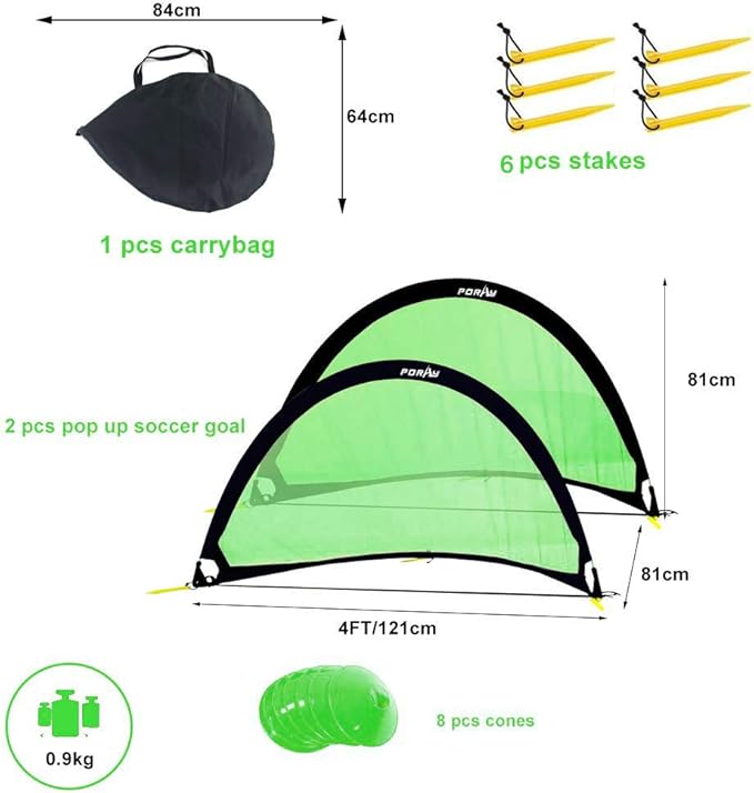 Poray Soccer Goal for Kid Easy-up Set of Two Portable Soccer Net 210D Oxford with 8 Field Marker Cones Extra Stakes Fun for Backyard and Soccer Training