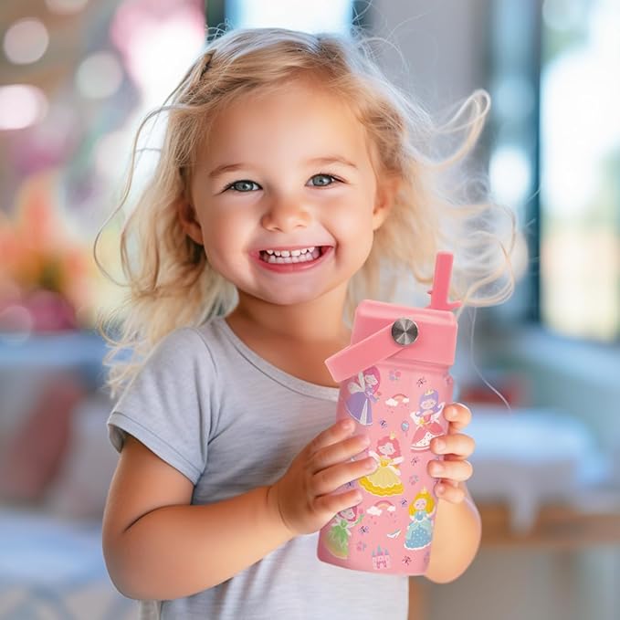 Princess Water Bottle for Girls - Kids Water Bottle with Straw Lid - 12 Oz Insulated Stainless Steel Water Bottles for Kid - Travel Cup for School Sports