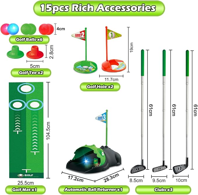 Upgraded Kids Toy Golf Set with Dinosaur Automatic Golf Returner, Led Light Up Night Golf Balls, 3 Clubs, Putting Mat, 3-8 Toddler Mini Golf Games, Indoor Outdoor Sports Toys for Boys Girls 3+