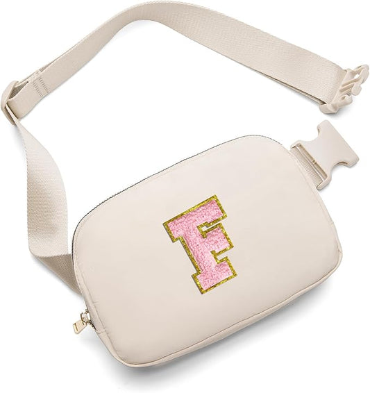 Gitus Belt Bag Fanny Pack Crossbody Bags with Initial Letter Patch Cute Stuff Birthday Gifts for Teenager Girls Trendy Preppy Stuff for Teen Girls(Beige-F)