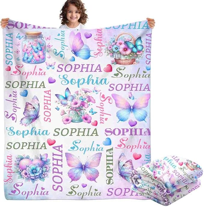 Custom Baby Girl Blanket with Name Personalized Butterfly Blanket Customized Soft Throw Blanket for Newborn Toddler Teens Baby Shower Birthday