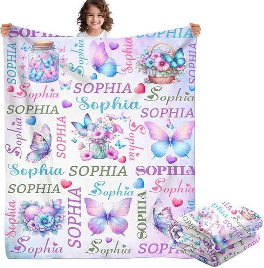 Custom Baby Girl Blanket with Name Personalized Butterfly Blanket Customized Soft Throw Blanket for Newborn Toddler Teens Baby Shower Birthday