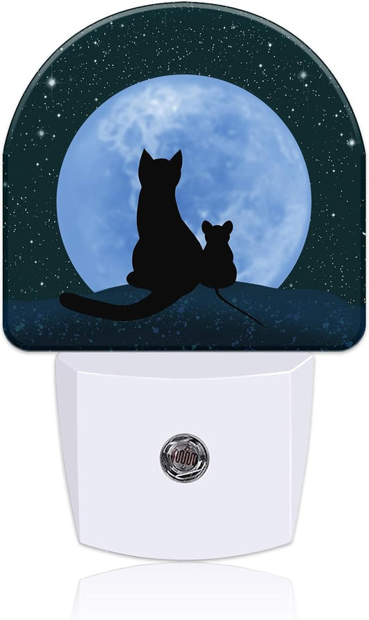 Plug in Night Lights Cat and Mouse Looking Moon Nightlight Plug Into Wall Dusk to Dawn Sensor LED Night Light for Kid Girls Boys Women Room Decor, Hallway, Kitchen, Bathroom, Nursery, Stairs