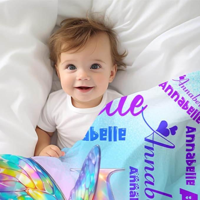 Custom Girl Blanket with Name Personalized Butterfly Blanket Customized Soft Throw Blanket for Newborn Toddler Teens Baby Shower Birthday