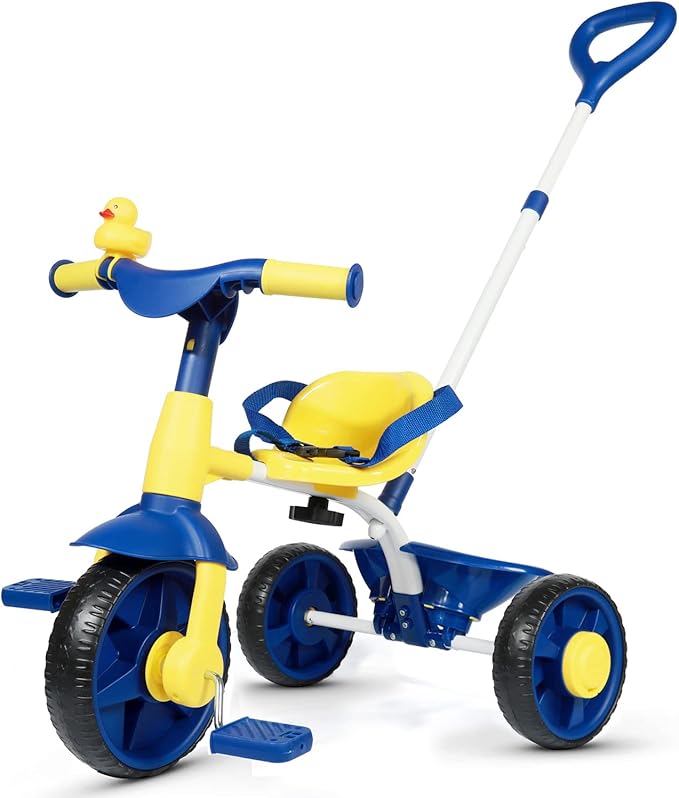 KRIDDO 2 in 1 Kids Tricycles Age 18 Month to 3 Years, EVA Wheels Upgraded Trikes Gift for Toddlers 2 to 3 Year Old with Push Handle and Duck Bell, Blue