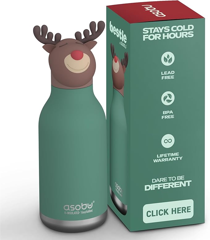 asobu Bestie Bottle Insulated Stainless Steel Water Bottle with Detachable Soft Animal Head Fun Drinking For Kids and Teens with Flexible Reusable Straw 16 Ounce (Reindeer)