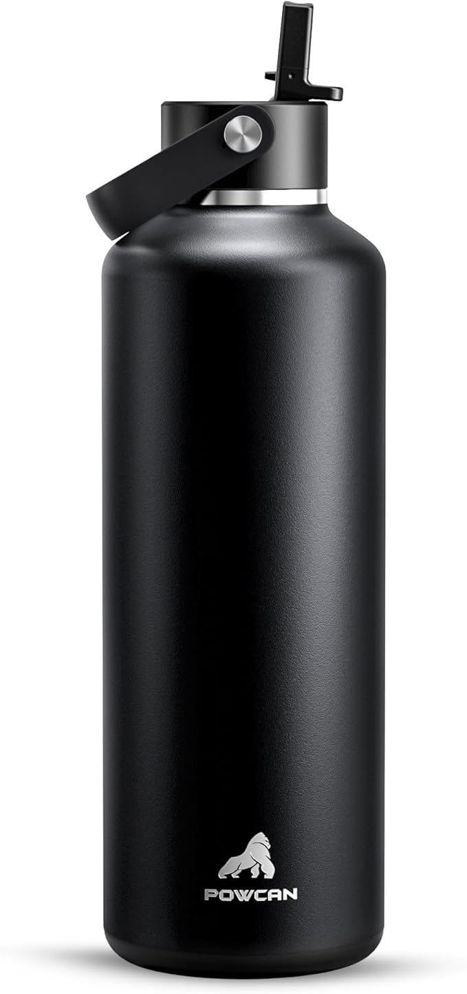 POWCAN 32 oz Insulated Water Bottle with Straw: Leakproof, Top Handle, Keep Cold 24H, BPA-Free, Double Wall Stainless Steel Water Bottle for Travel, Sport, Gym, Outdoors, Camping (Midnight Black)