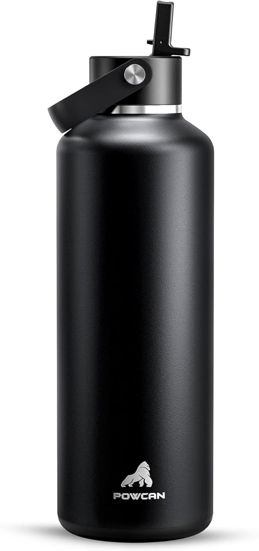 POWCAN 32 oz Insulated Water Bottle with Straw: Leakproof, Top Handle, Keep Cold 24H, BPA-Free, Double Wall Stainless Steel Water Bottle for Travel, Sport, Gym, Outdoors, Camping (Midnight Black)