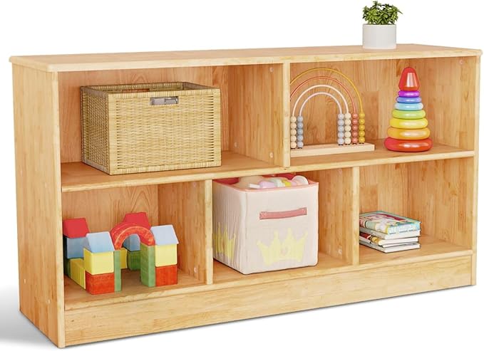 Wingyz Rubber Wood Montessori Bookshelf, 5-Section Wooden Storage Cabinet, 2 Shelf Bookcase Toy Storage Organizer, 43.3"L Montessori Shelf for Kids Rooms Classroom Playroom Nursery Daycare, Child-Safe