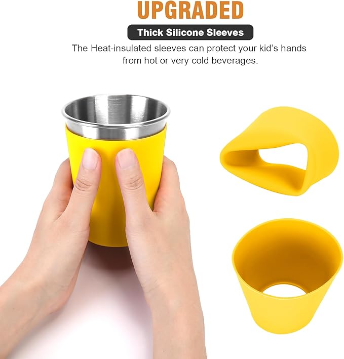 Kids Stainless Steel Cups with Lids, Spill Proof Metal Tumblers With Stainless Steel Straws for Adults, Unbreakable Toddle Cups with Full Wrapped Anti-Scald Sleeves for Hot and Cold Drinks.6Pack.12oz