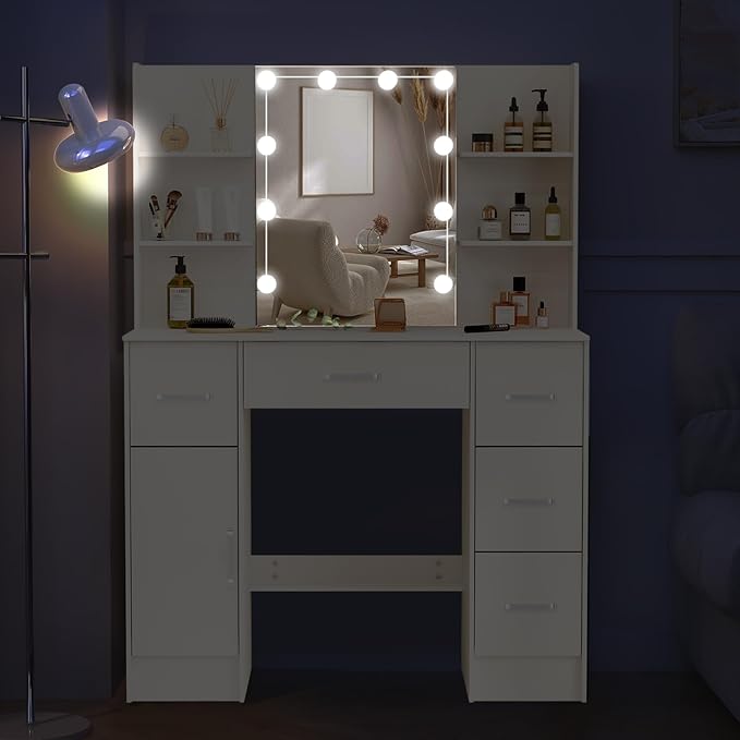 Makeup Vanity Desk with Lighted Mirror, 39.4''W White Vanity with 3-Color Adjustable Brightness, 7 Drawers & Open Shelves, Big Vanity Table for Bedroom, Girls & Women