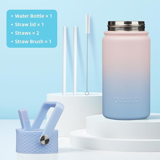 BJPKPK Insulated Water Bottle with Straw Lid, 15oz Cute Water Bottles, Stainless Steel Metal Thermo, Reusable BPA Free Leak Proof Tumblers, Cups,Sunset Clouds