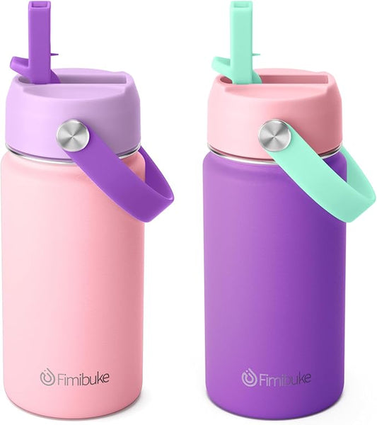 Fimibuke Kids Insulated Water Bottle - 14oz BPA-FREE 18/8 Stainless Steel Travel Tumbler Leak Proof Double Wall Vacuum Kids Cup with Straw Metal Water Bottle for School Boys Girls（2 Pack, Macaron）