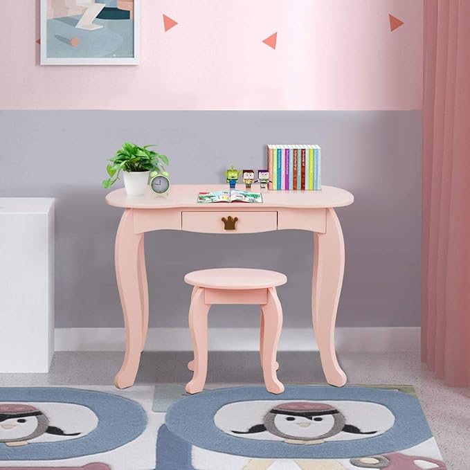 Costzon Kids Vanity Table and Chair Set, Princess Makeup Dressing Table with Drawer & Tri-Folding Mirror, 2 in 1 Vanity Set with Detachable Top, Pretend Beauty Play Vanity Set for Girls (Pink)