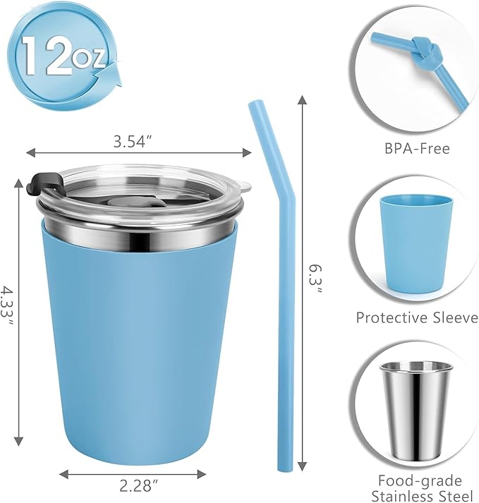 Stainless Steel Kids Cups with Lids and Straws Leakproof, 5 Pack 12oz Spill Proof Cup for Kids Tumblers Unbreakable Sippy Cup with Straws for School, Outdoor (Multicolor)