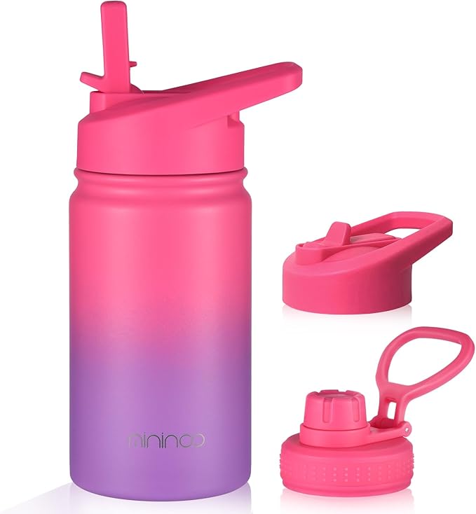 Mininoo Insulated Kids Water Bottle, 12 oz Stainless Steel Water Bottle Kids with Straw Lid and Chug Lid for Girls, Boys (Punch/Purple)