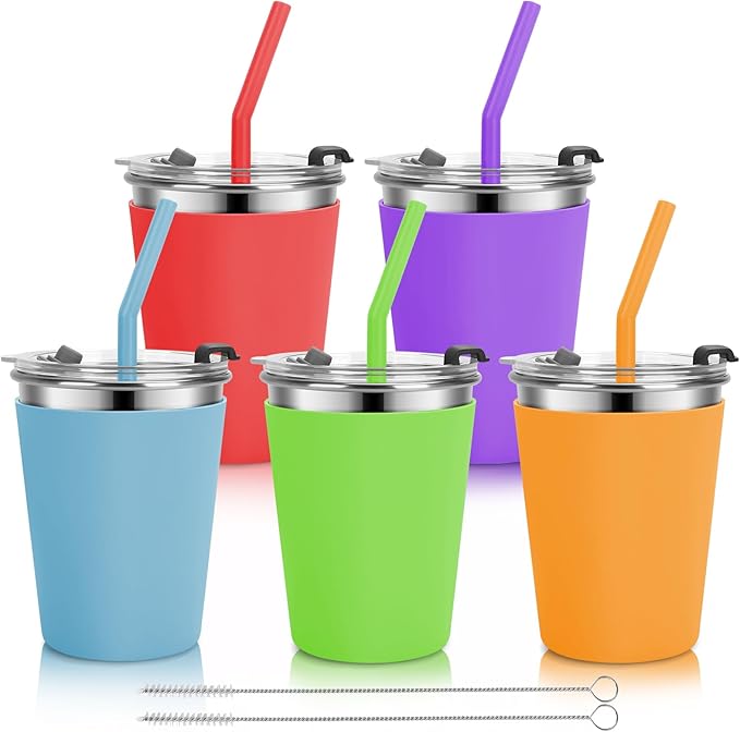 Kids Cups with Straws and Lids, 5 Pack 12oz Spill Proof Toddlers Straws Cups with Lids, Stainless Steel Sippy Cup with Lid for School, Outdoor, Multicolor
