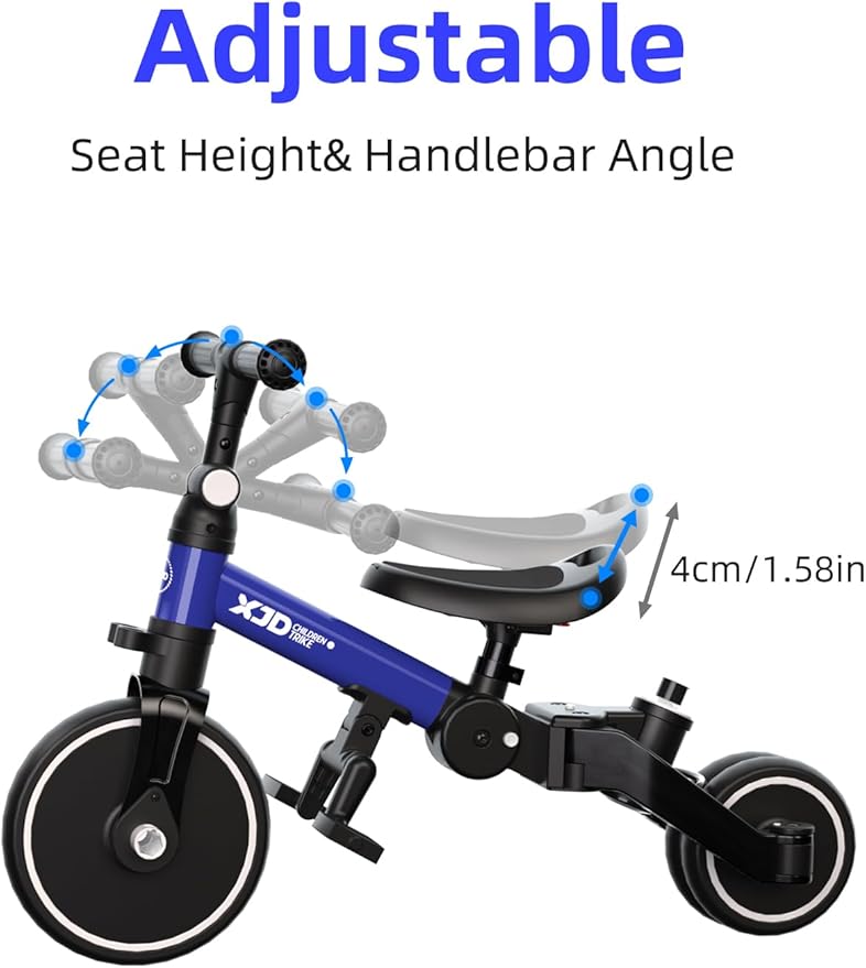 XJD Toddler Bike, 6 in 1 Folding Toddler Tricycle for 1-4 Year Old with Parental Control Handle, Balance Bike with Removable Pedal, Backrest, Adjustable Seat and Handle, First Birthday Gifts (Blue)