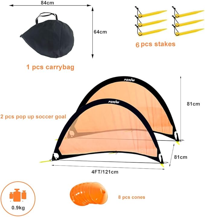 Poray Soccer Goal for Kid Easy-up Set of Two Portable Soccer Net 210D Oxford with 8 Field Marker Cones Extra Stakes Fun for Backyard and Soccer Training
