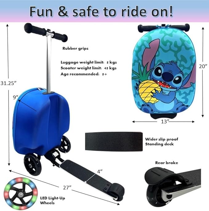 Fast Forward Kid’s Licensed 18" Ride-On Suitcase Scooter - Lightweight Carry-On Foldable Scooter Luggage